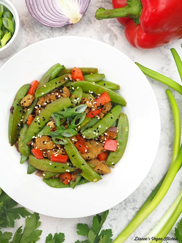 Snap Pea Stir Fry with scallions, pepper, and onion