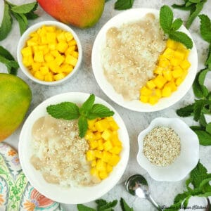 Two bowls of stick rice with mango