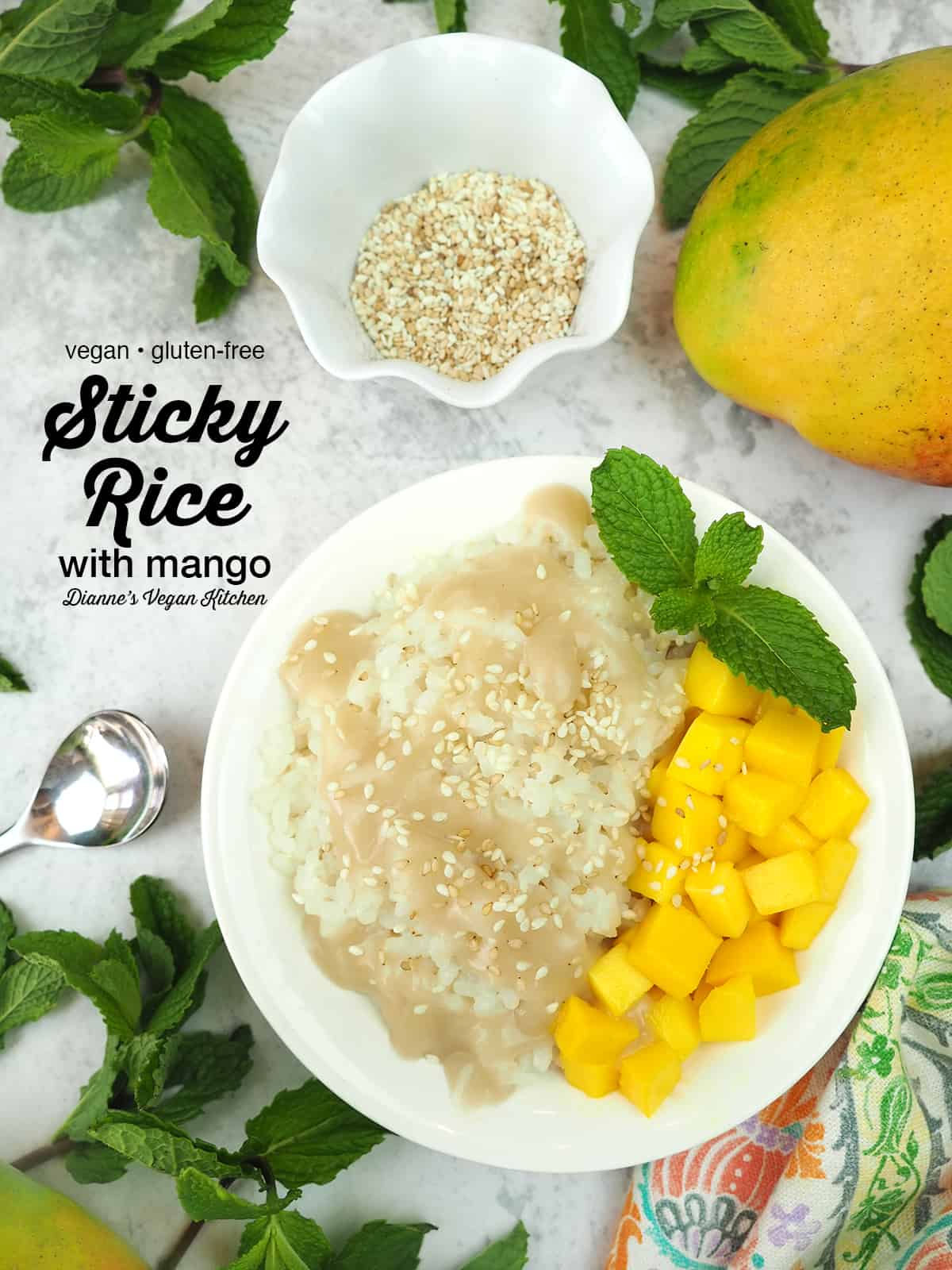 Sticky rice with mango with text overlay