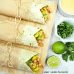 Curried Mango Chickpea Wrap with text overlay