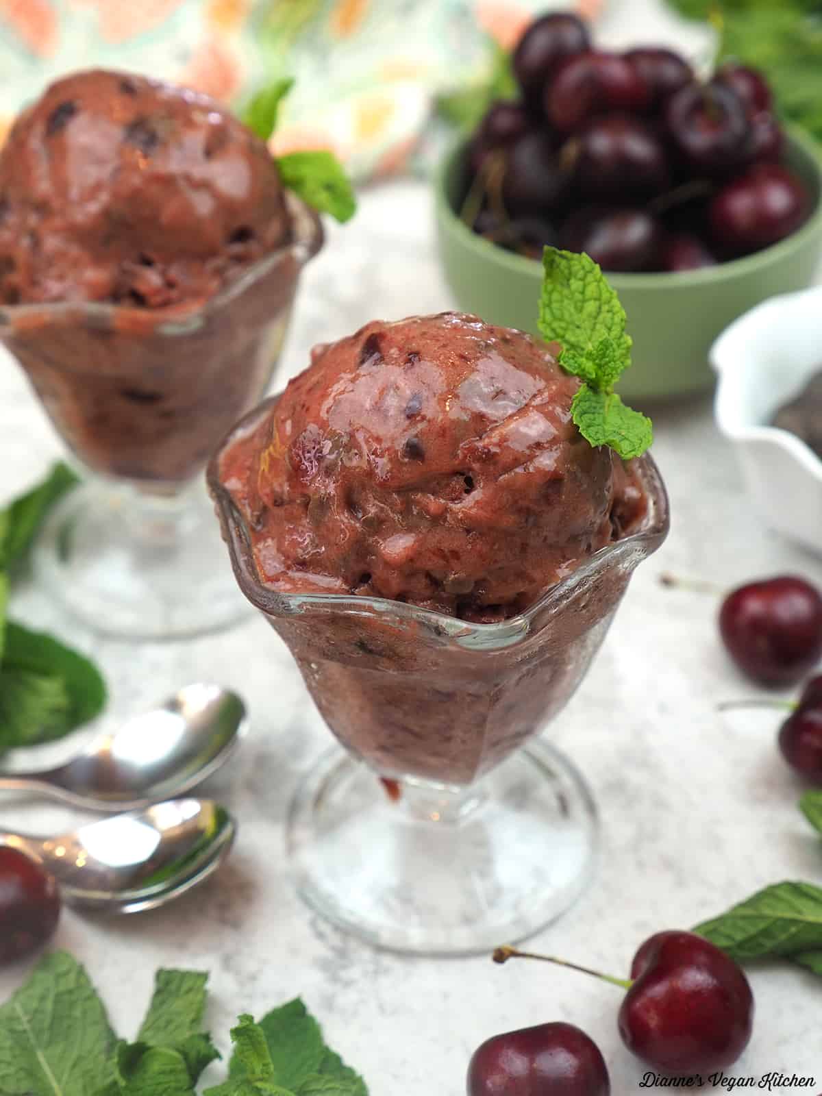 Chocolate Cherry Nice Cream with cherries, chocolate chips, and mint leaves