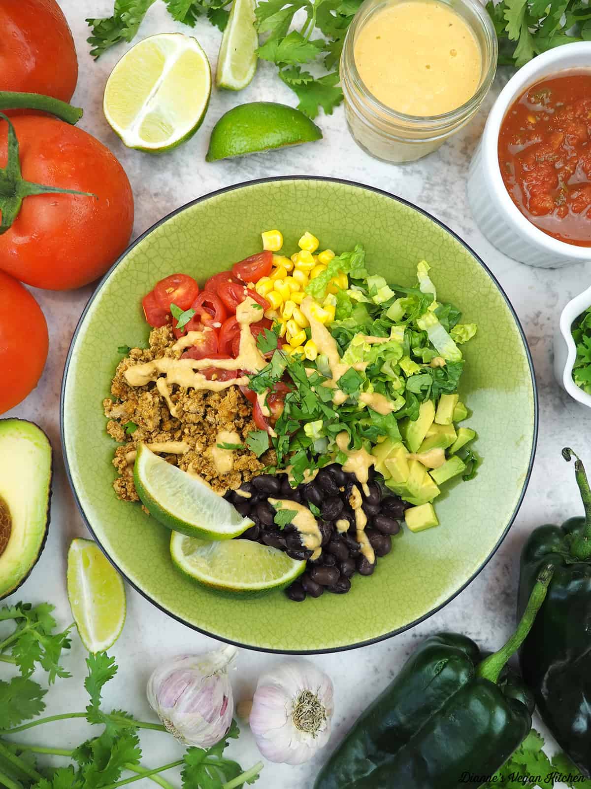 vegan sofritas burrito bowl with tomatoes, avocado, cheese sauce, limes, cilantro, and salsa