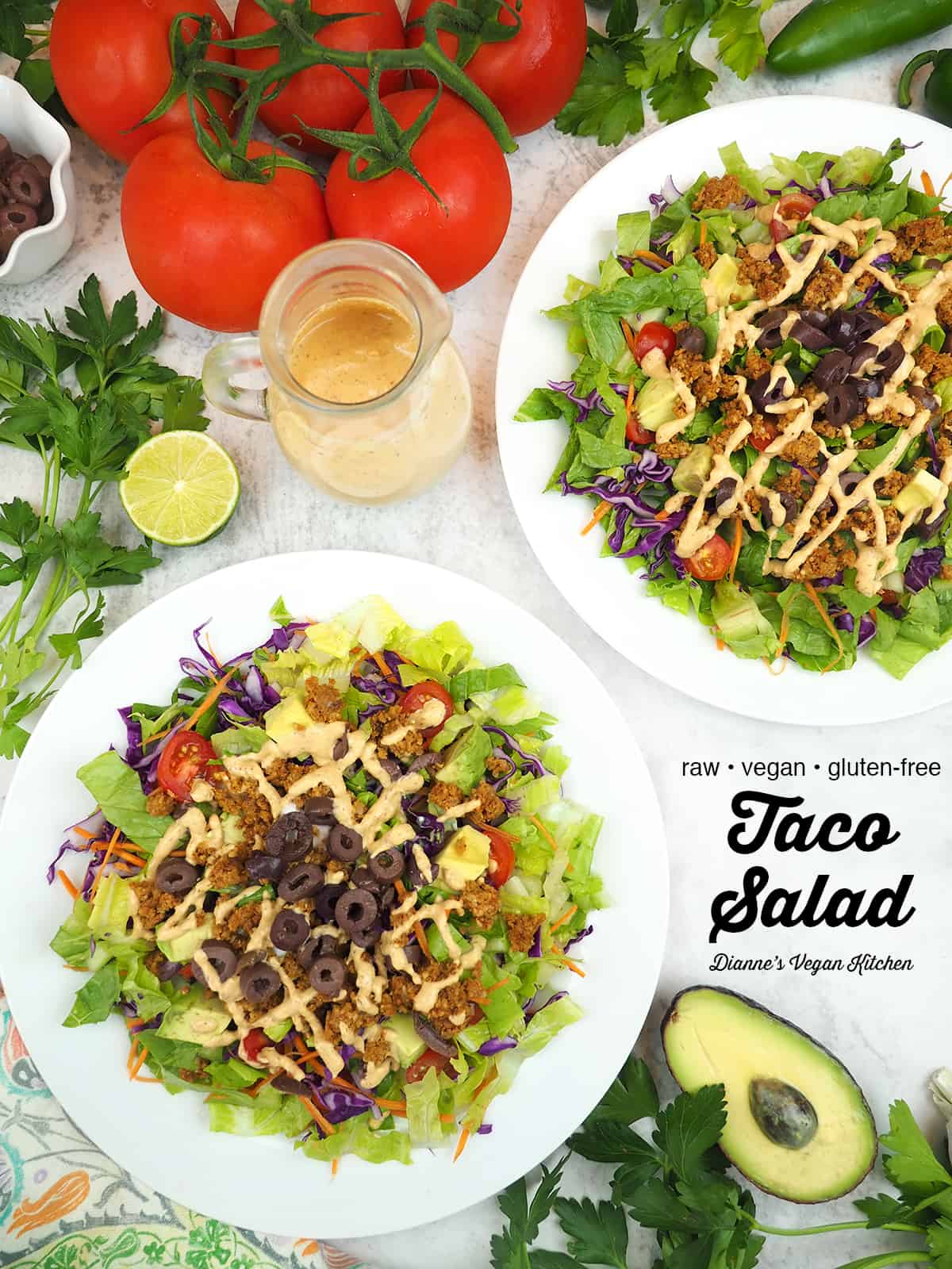 vegan taco salad with text overlay
