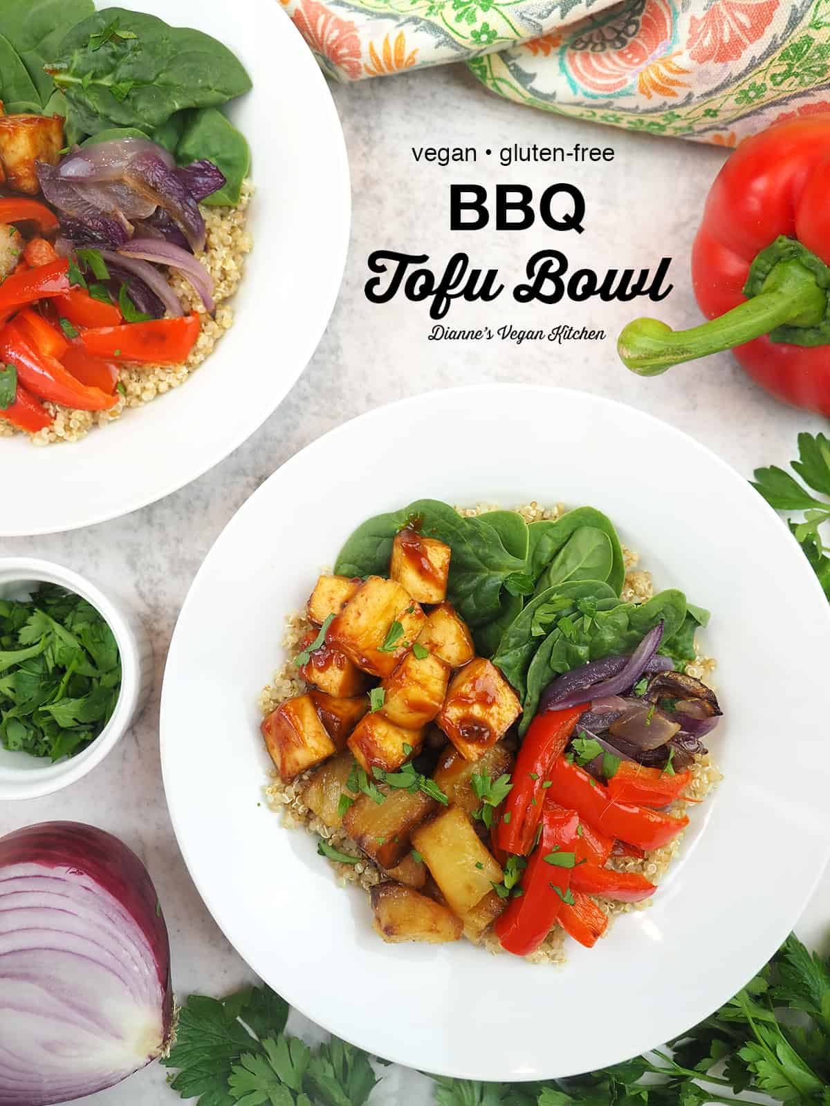Hawaiian BBQ Tofu Bowl with text overlay