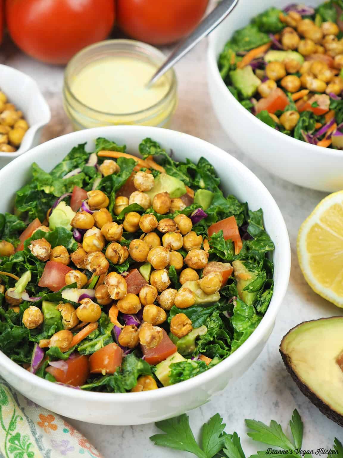 Tahini Kale Salad with Roasted Chickpeas – Dianne's Vegan Kitchen