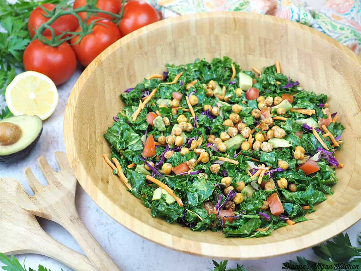 Tahini Kale Salad with Roasted Chickpeas – Dianne's Vegan Kitchen