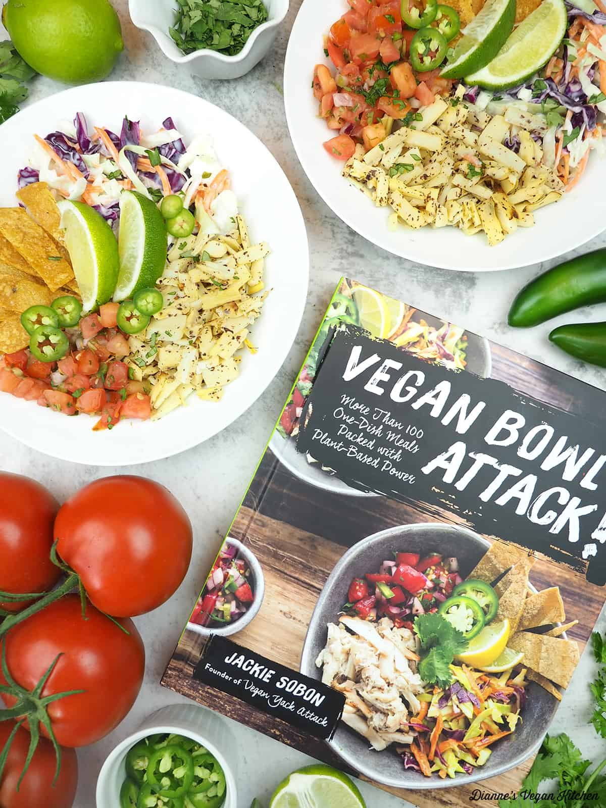two vegan fish taco bowls with Vegan Bowl Attack book