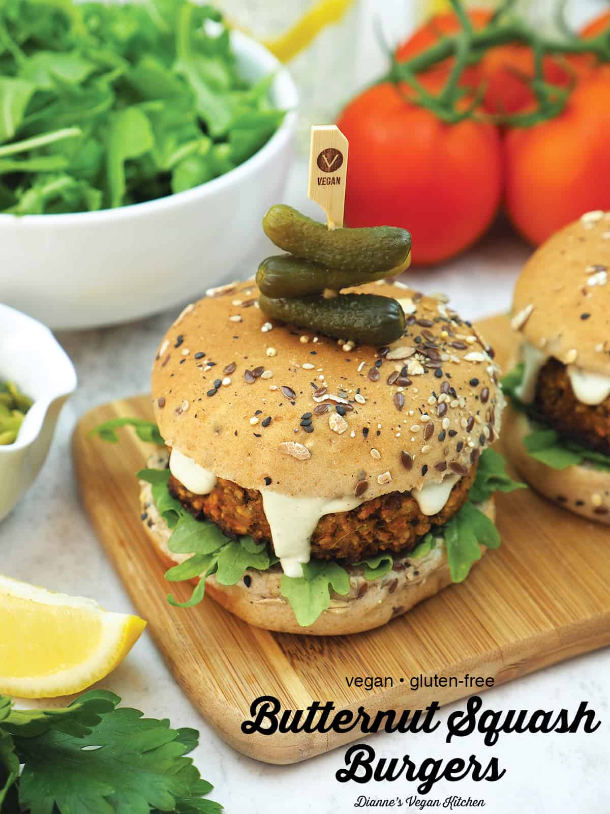 butternut squash burger with text overlay