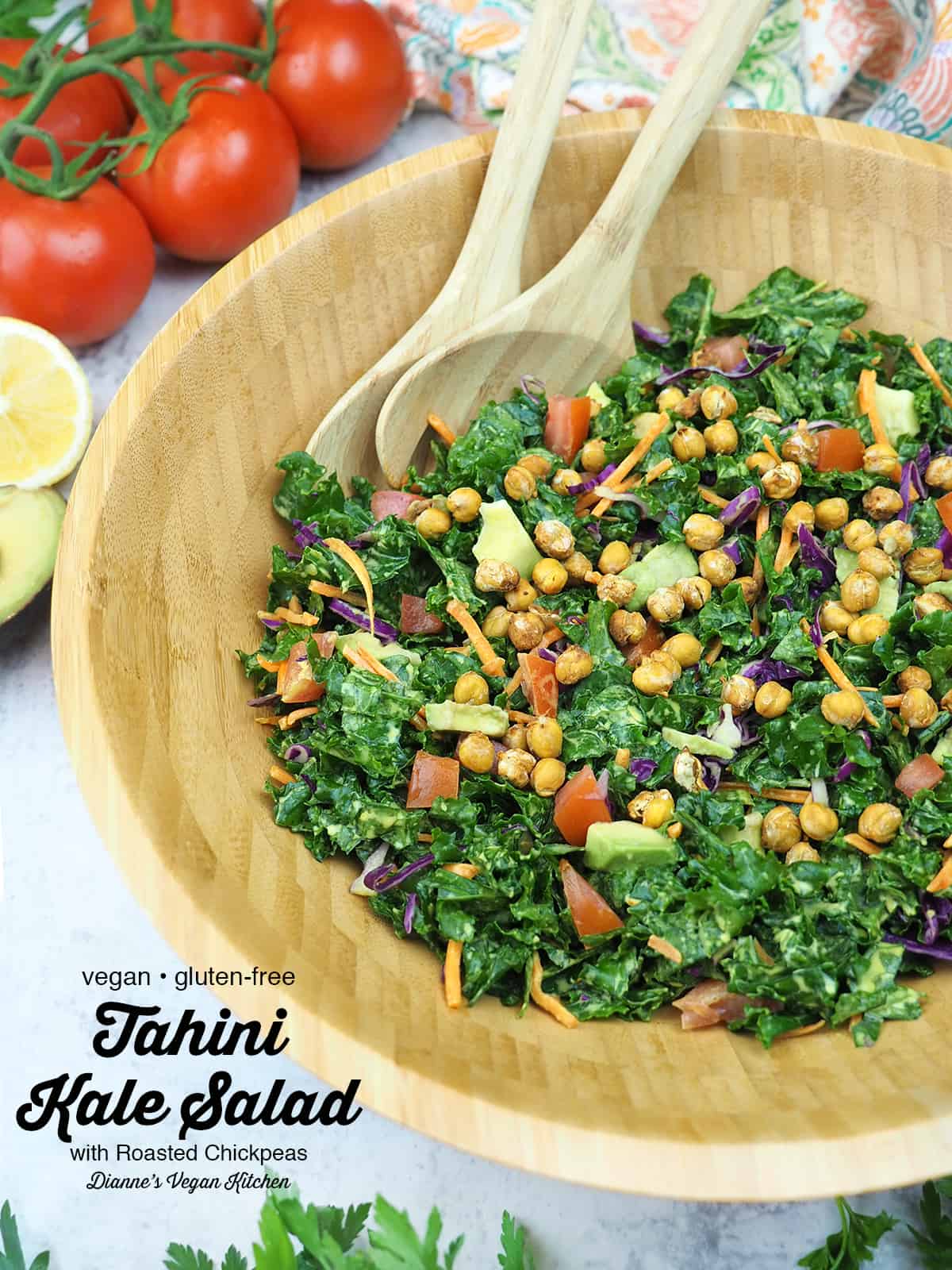 Tahini Kale Salad with Roasted Chickpeas with text overlay