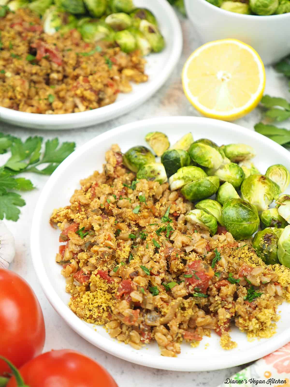 plate of baked farro and brussels sprouts