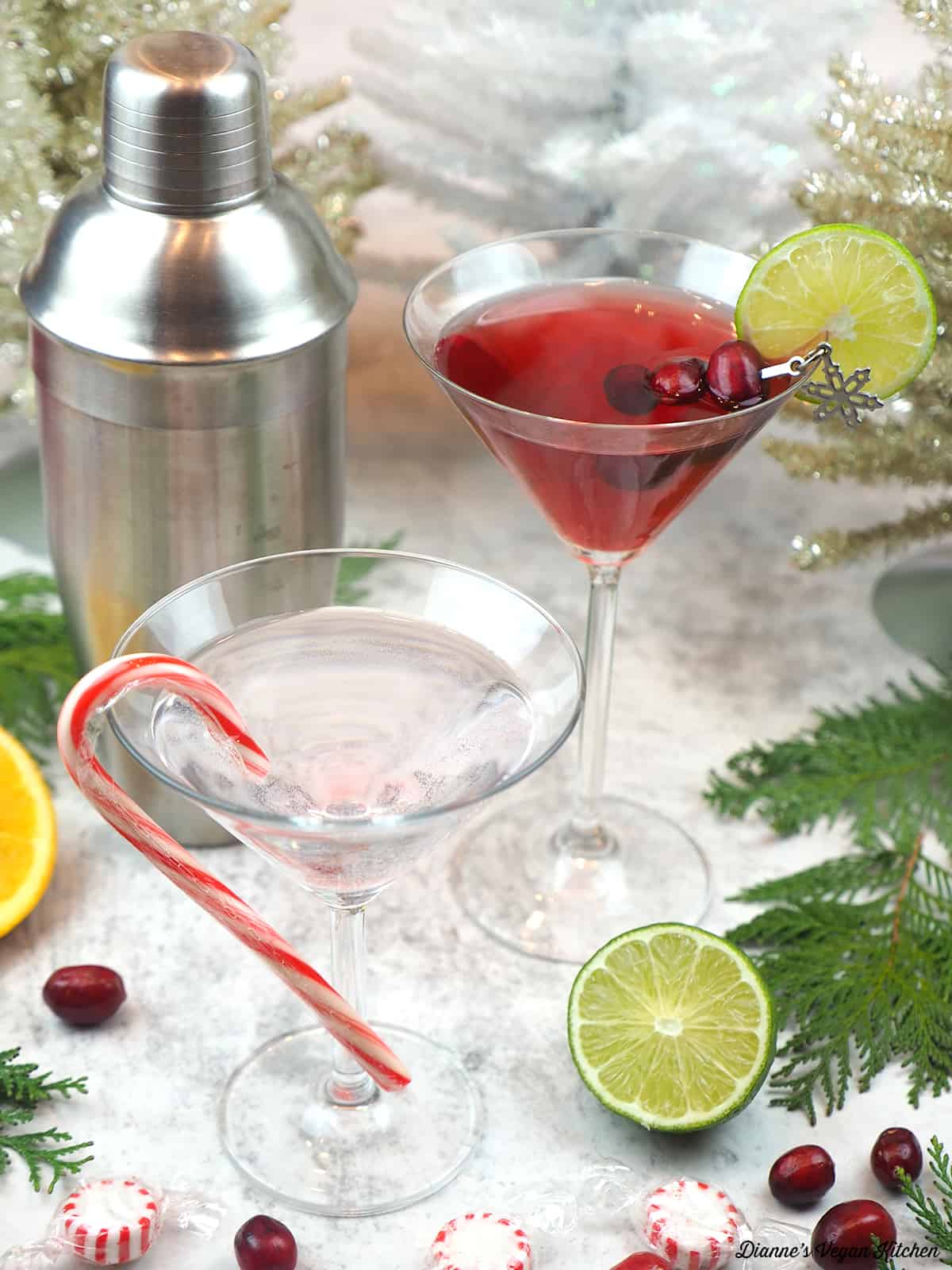 Candy Cane Martini, Christmas Cosmo and a cocktail shaker