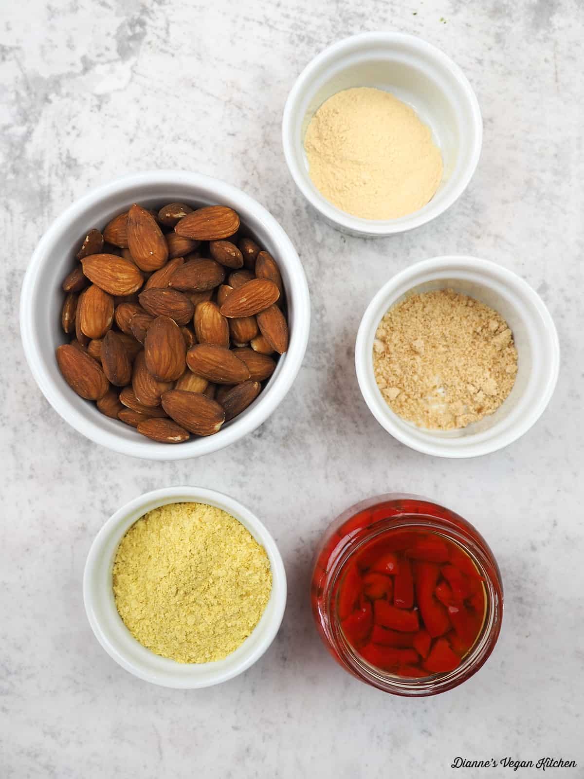 almonds, pimentos, salt, garlic powder, and nutritional yeast