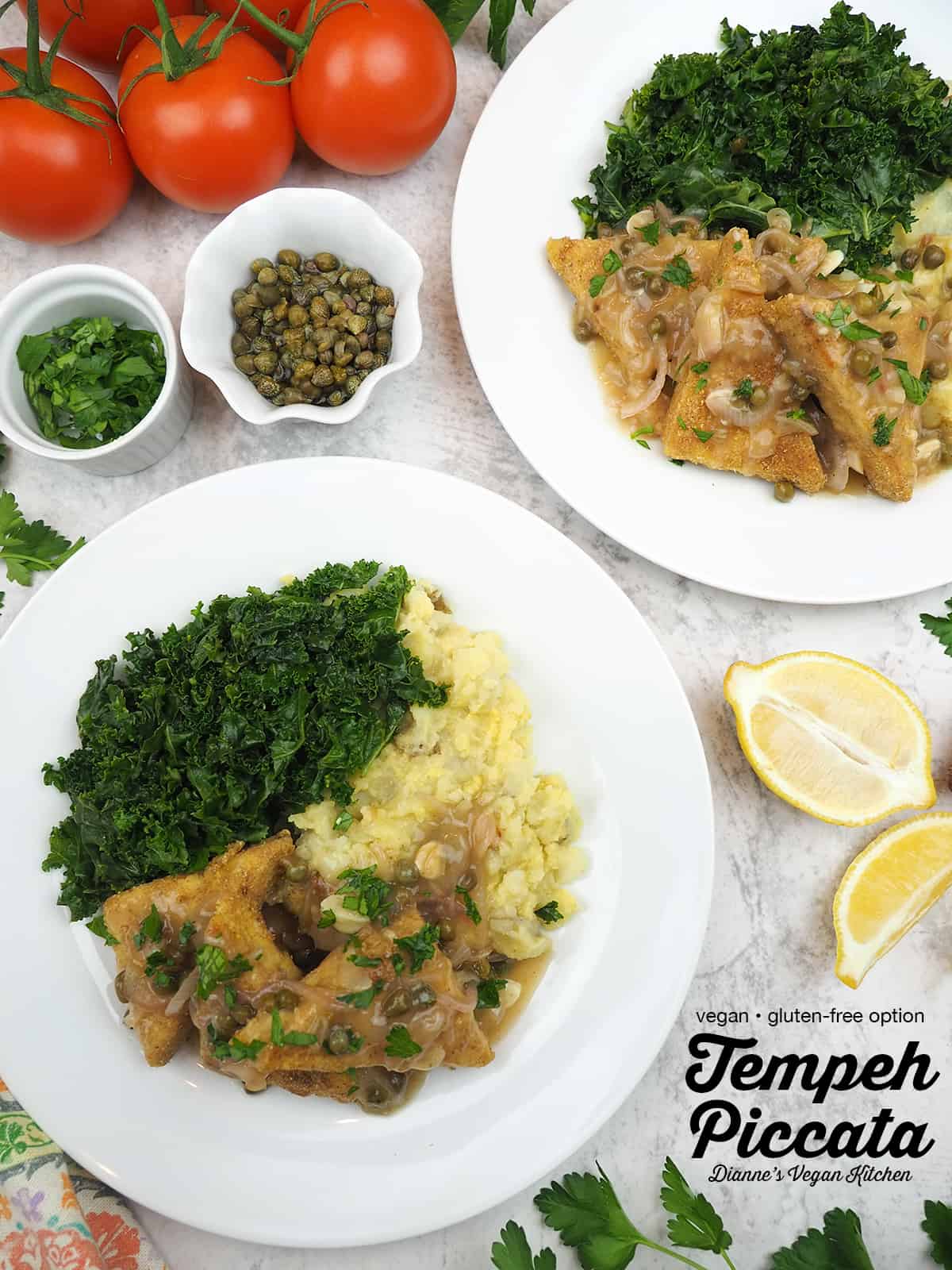 Vegan Tempeh Piccata with text overlay 