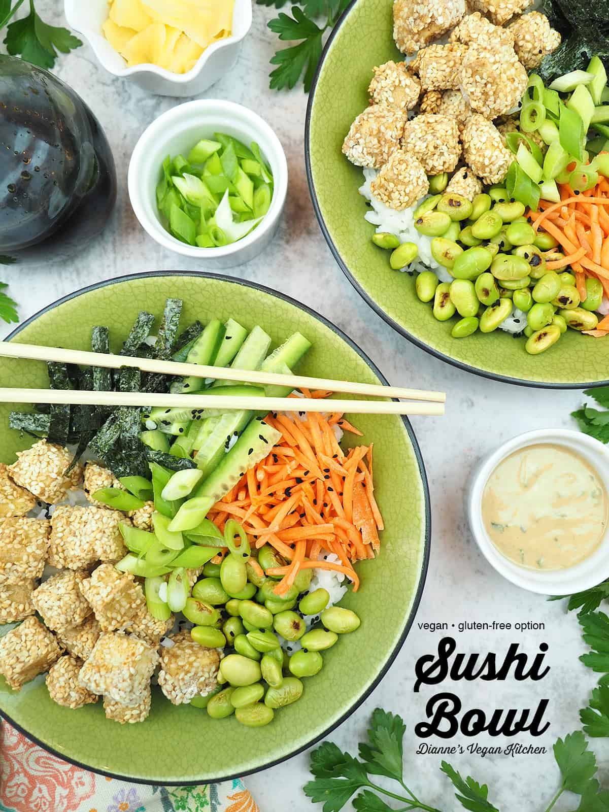 vegan sushi bowl with text overlay 