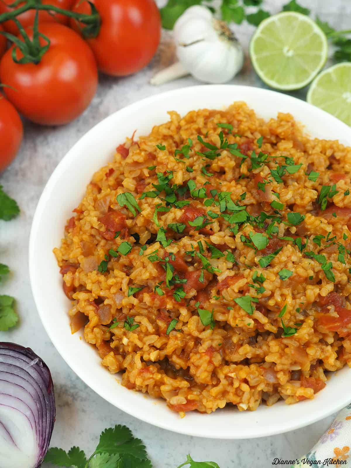 bowl of Spanish rice with lines, garlic, tomatoes, and onion