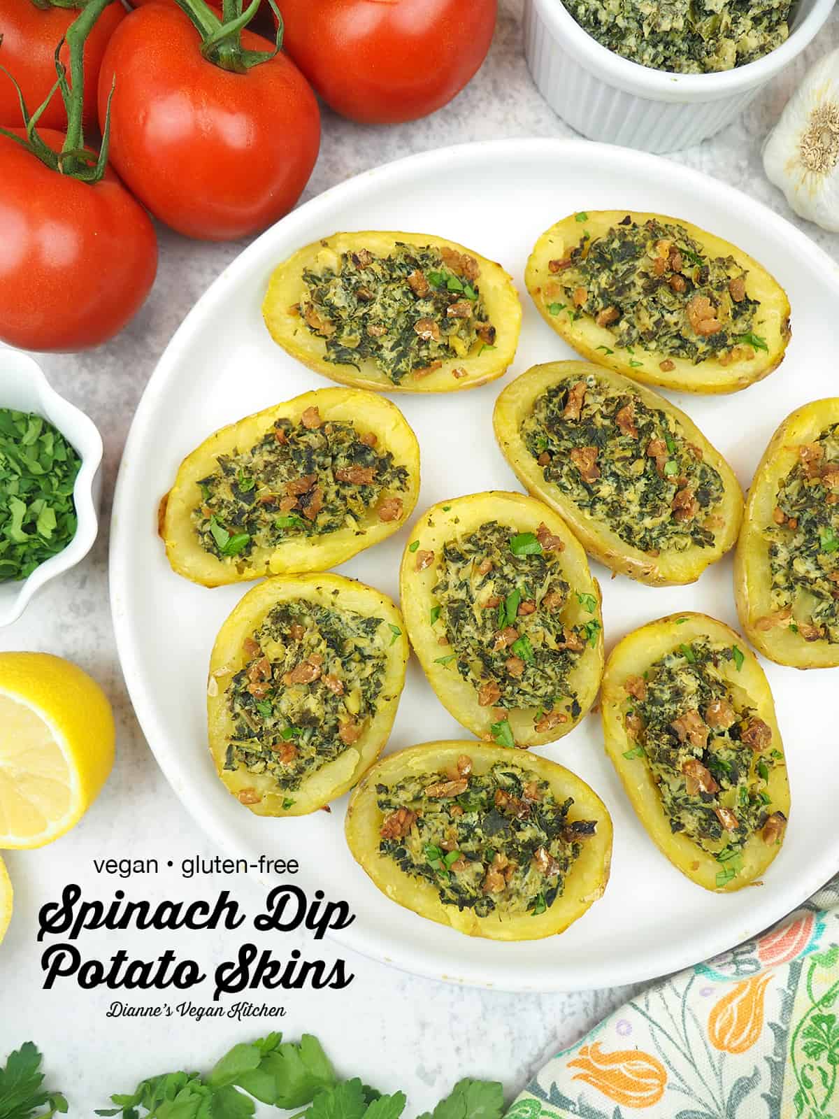 Vegan Potato Skins Stuffed with Spinach Artichoke Dip with text overlay