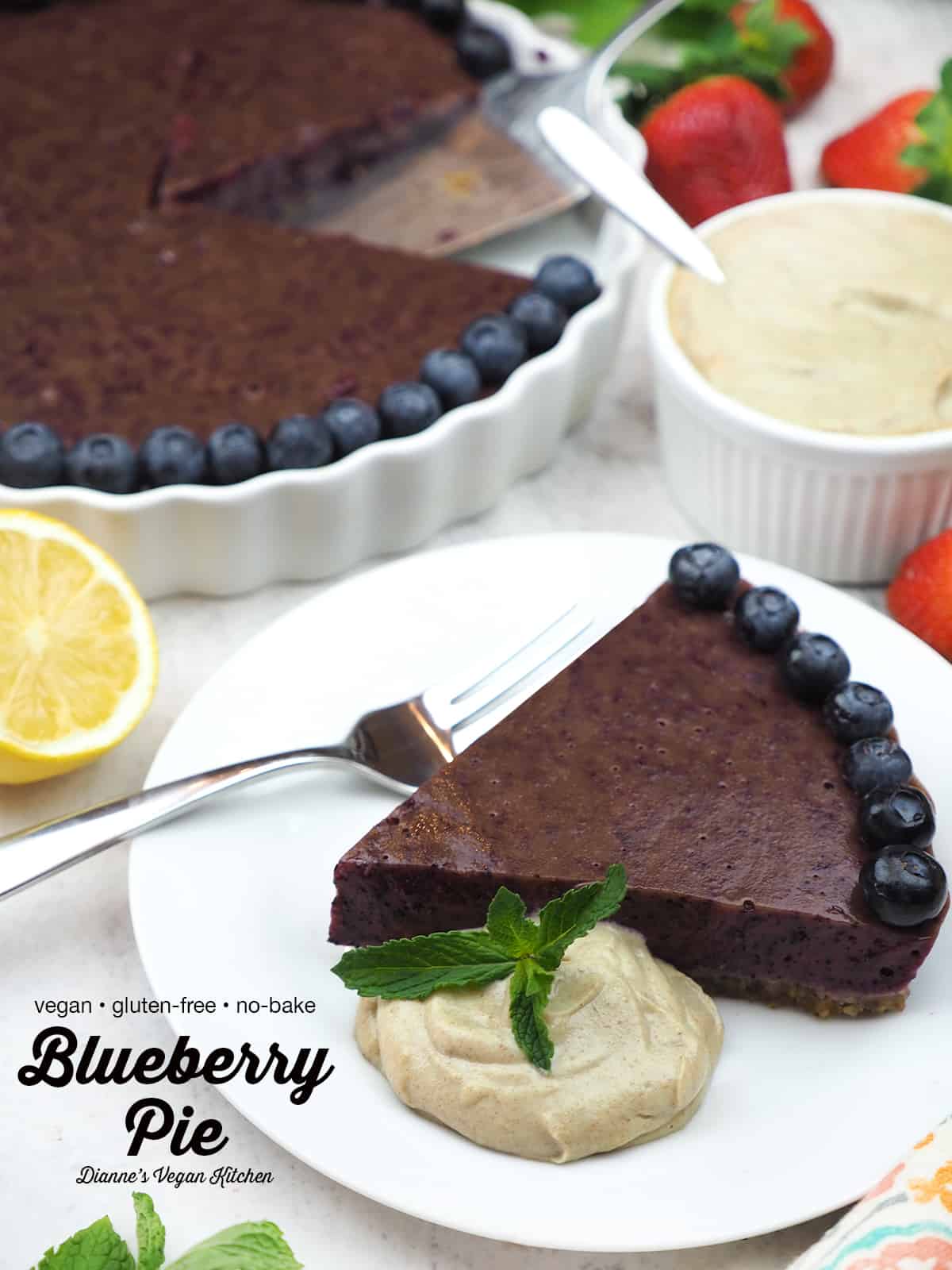 vegan blueberry pie slice with text overlay