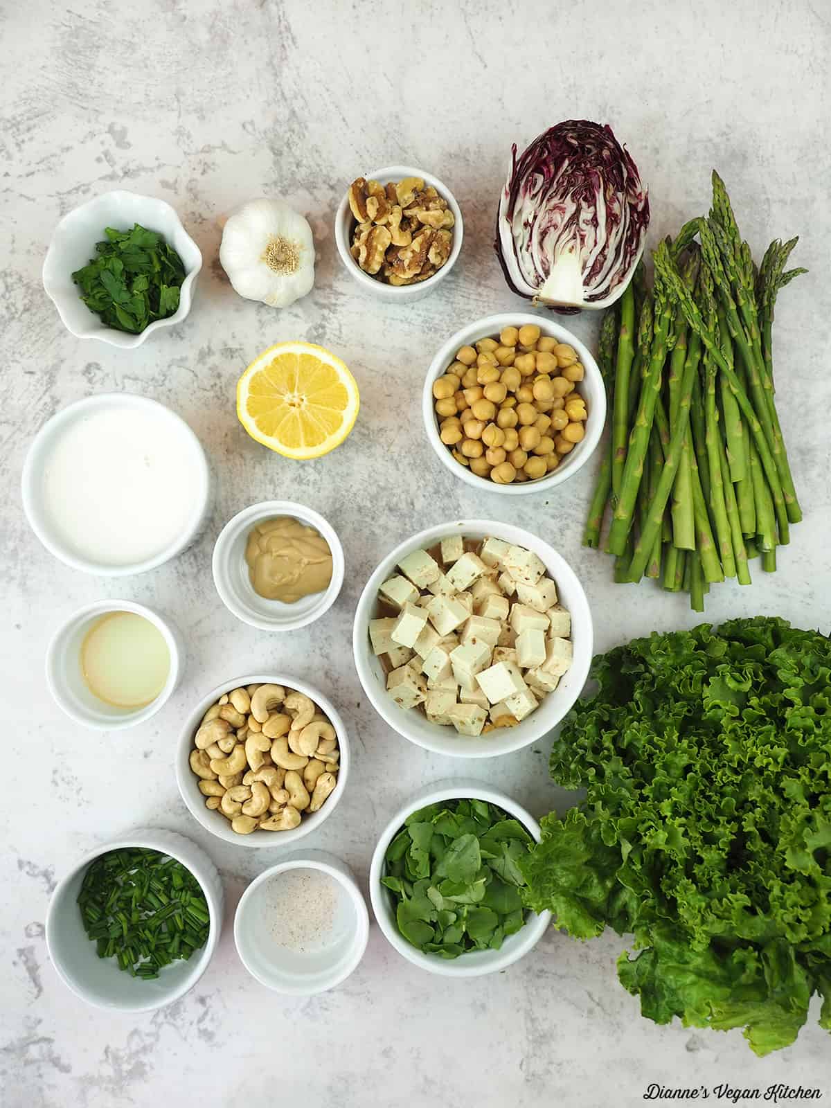 salad ingredients in small ramekins