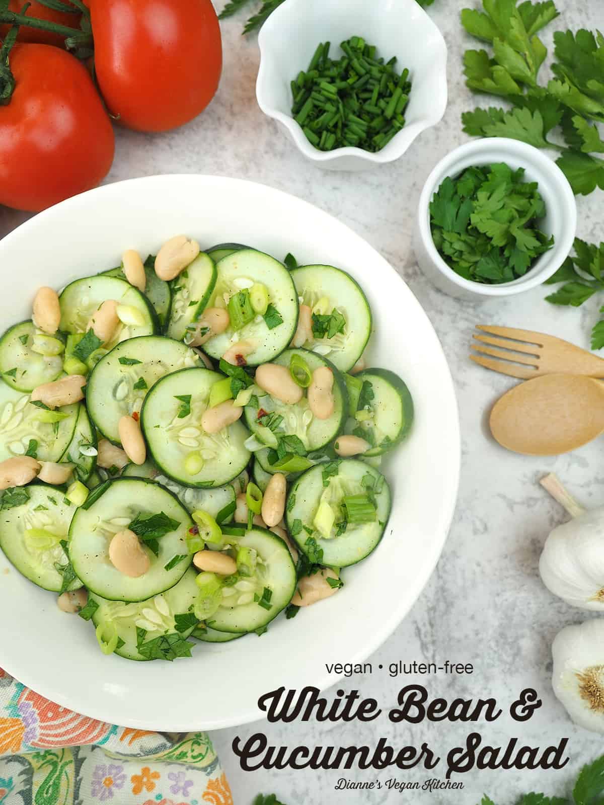 White Bean and Cucumber Salad with text overlay