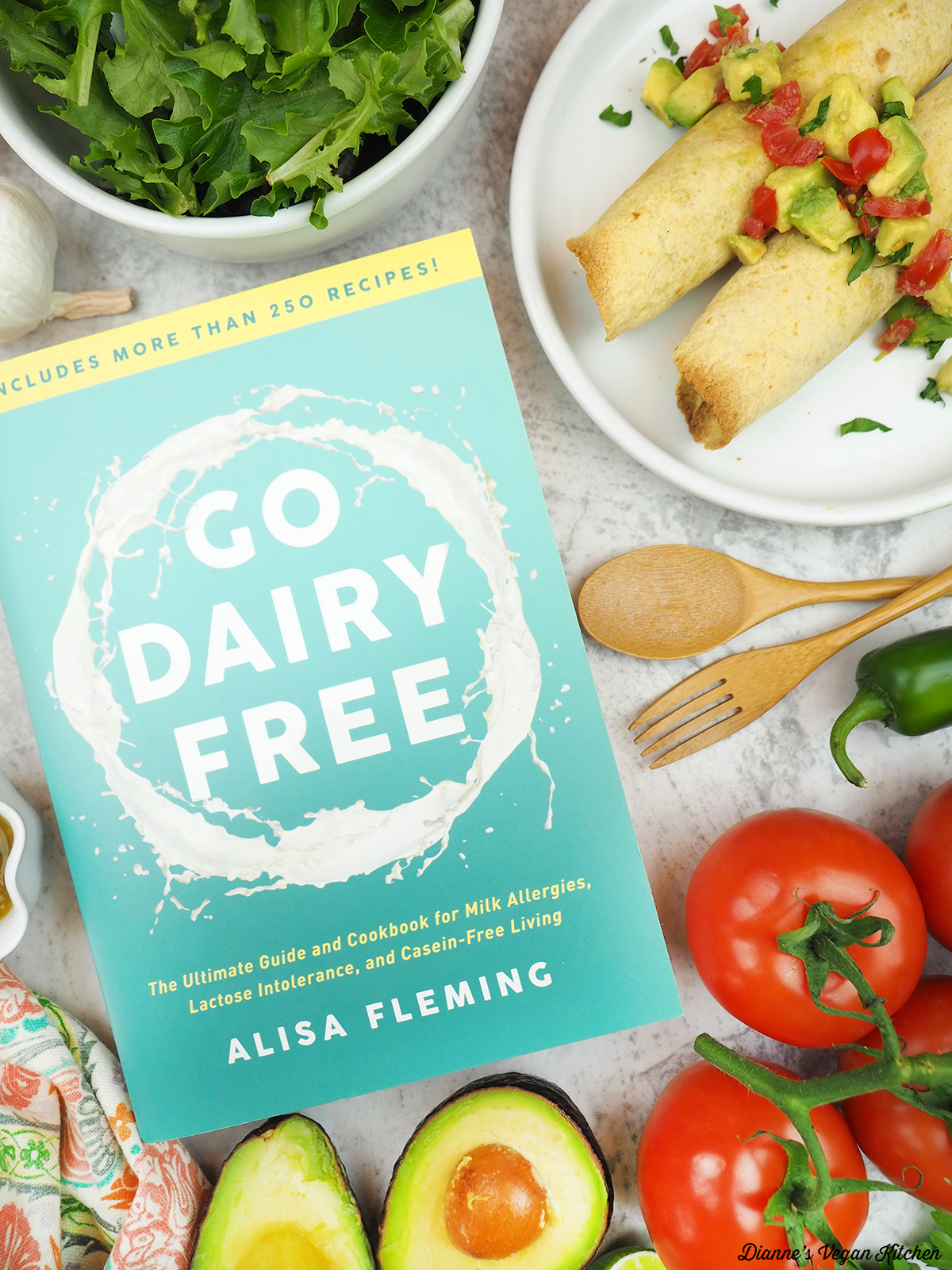 Go Dairy Free cookbook with plate of taquitos