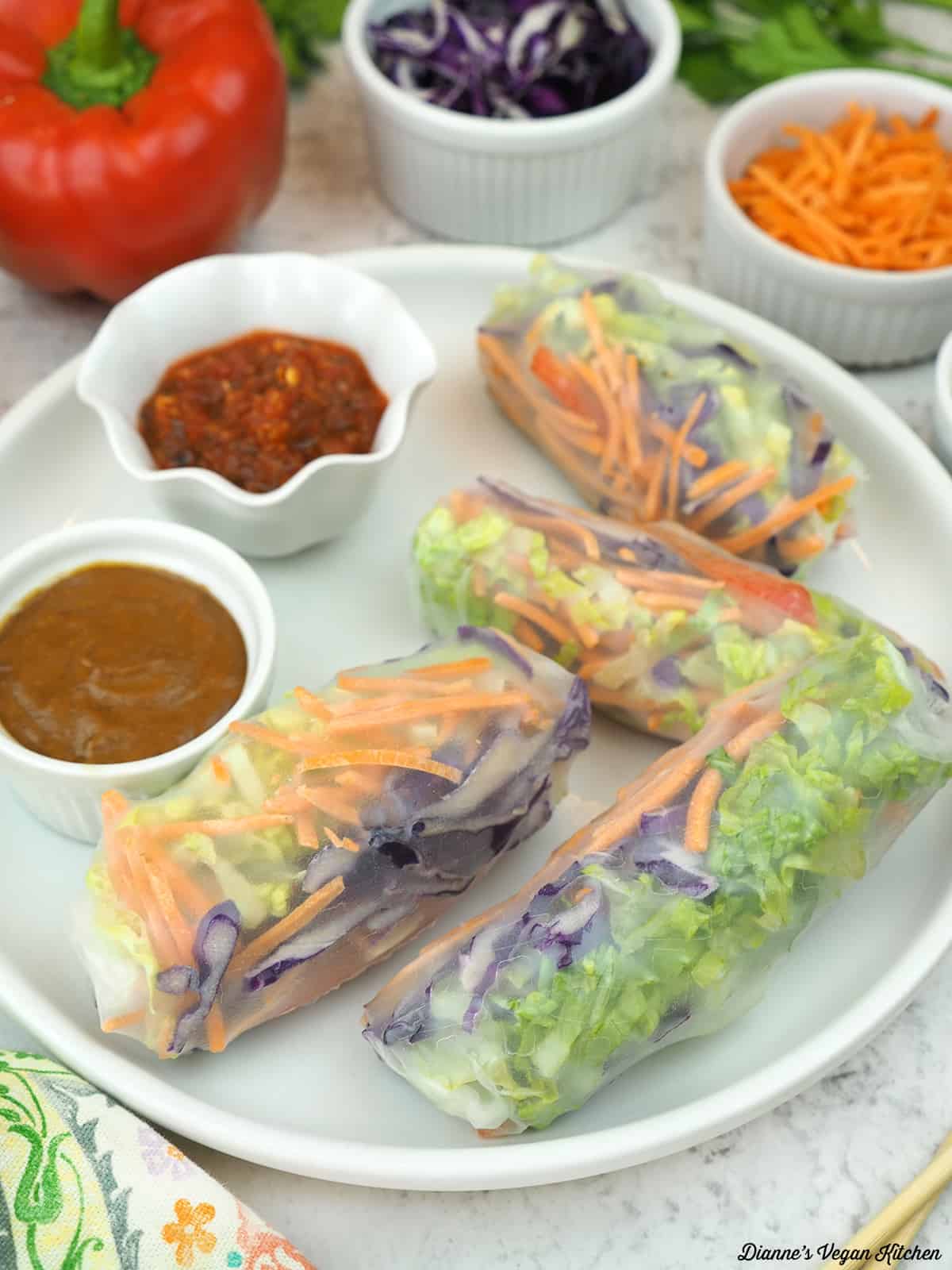plate with spring rolls, peanut sauce, and chili sauce