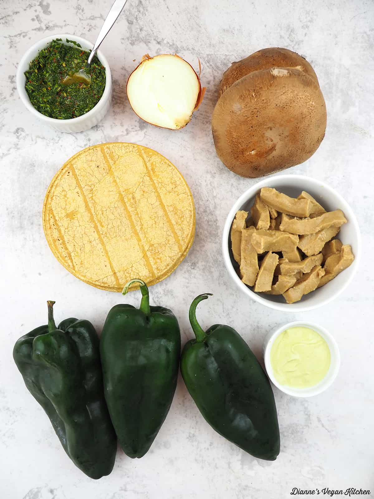 chimichurri sauce, onion, portello, tortillas, peppers, seitan, oil